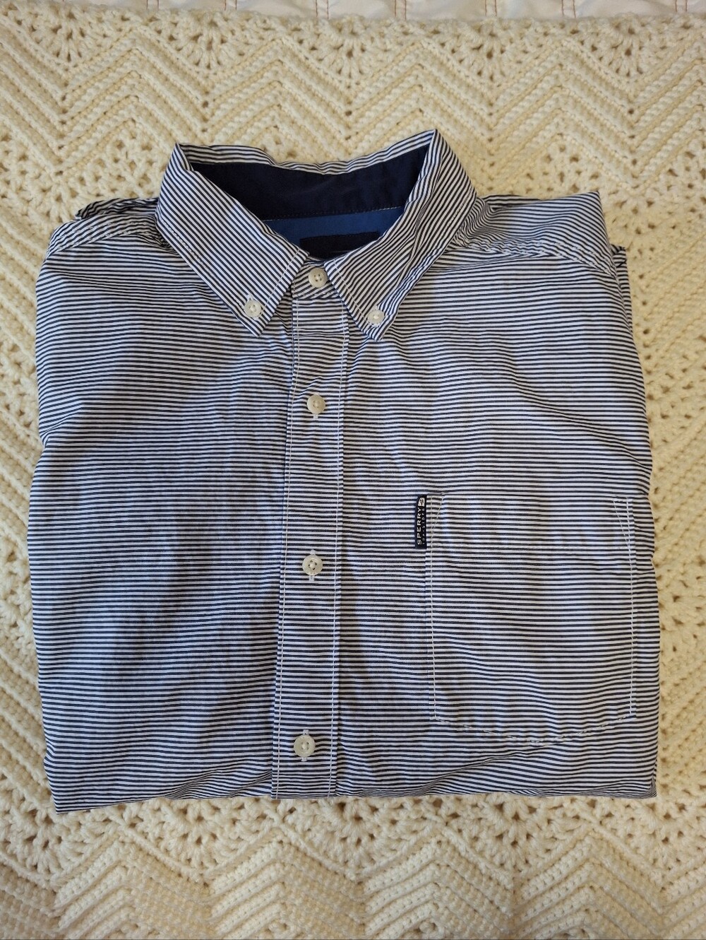 Sperry Top-Sider White Long Sleeve Button Up Shirt Blue Stripes Size Large
